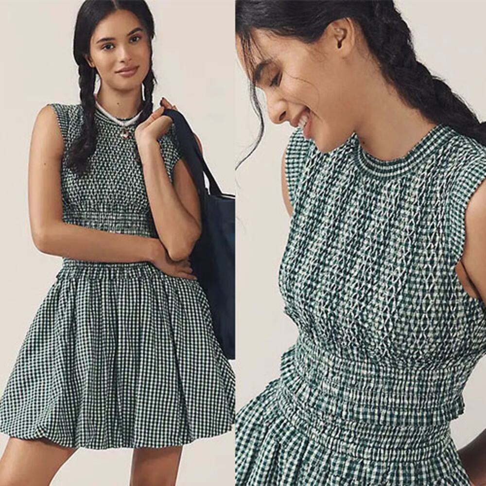 NWT Hunter Bell Anita Gingham Pattern Bubble Hem Mini Dress Green Size: Medium